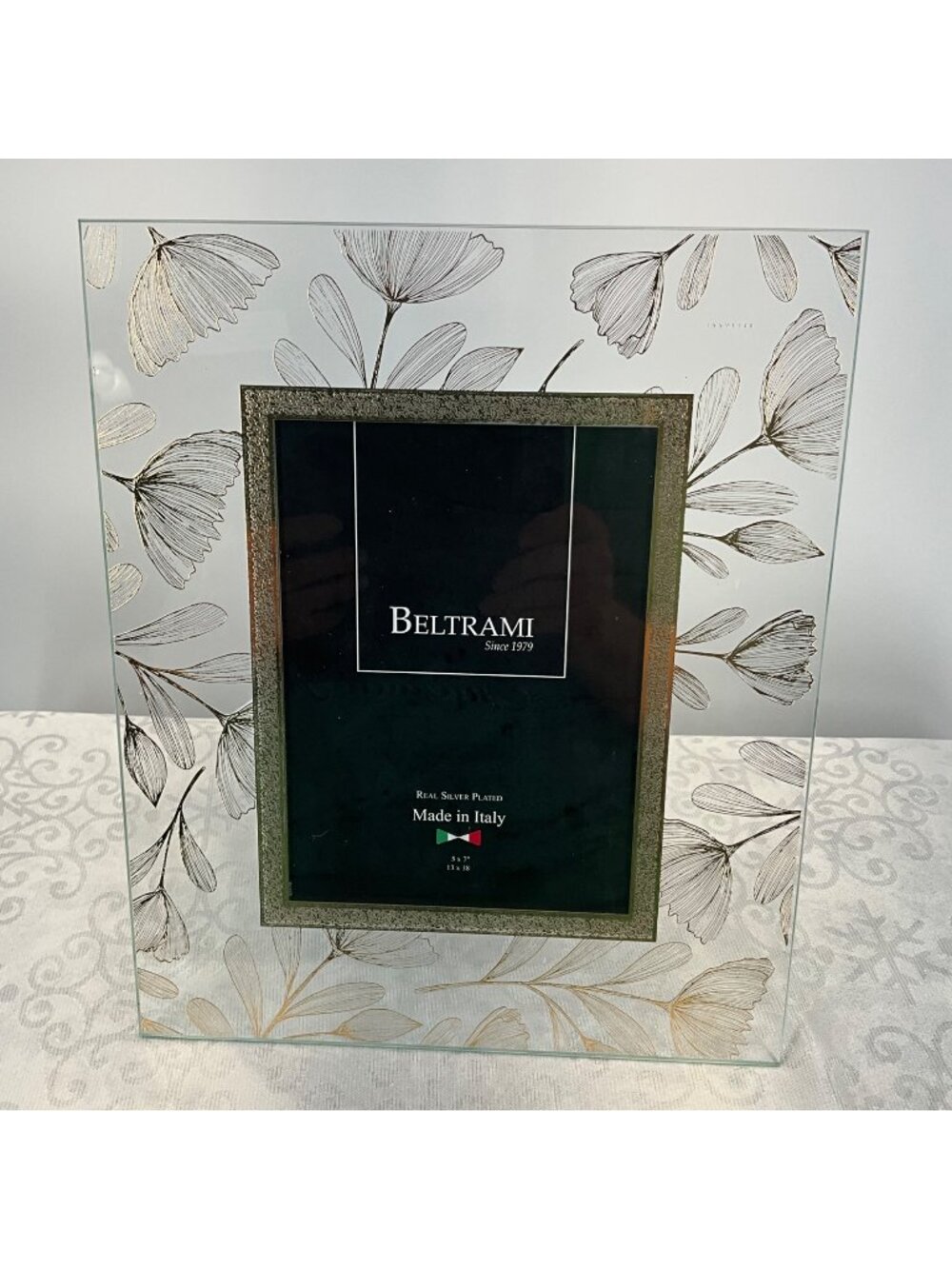Beltrami Real Silver Plated Glass Picture Frame 5x7 Floral Design Made In Italy